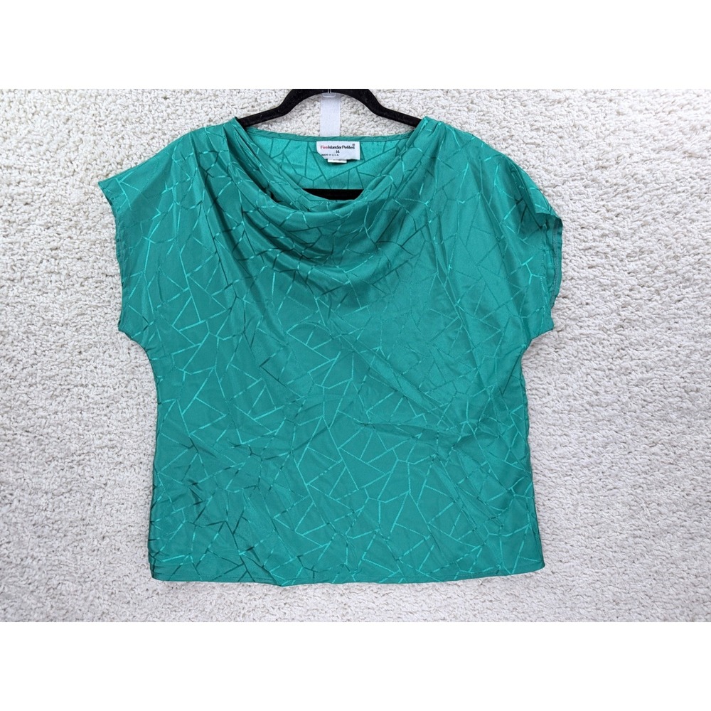 Fire Islander Petitesā Blouse Womens 14 Green Cowl Neck Geometric Satin